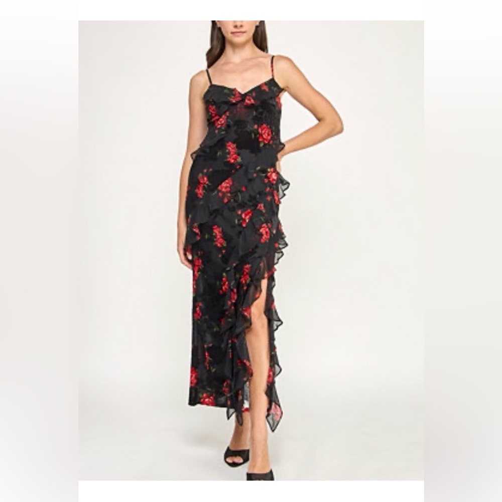 Jessica Simpson Floral High Low Ruffle Dress Black Red Y2k sexy chic size small